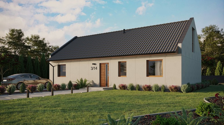 Projekt ERDOL 3 XL - Wersja lewa (salon po lewej stronie) - Dwuspadowy nowoczesny z poddaszem użytkowym – kąt nachylenia 35 stopni - Bez okien/świetlików dachowych - Okna na poddaszu do podłogi - Bez styropianu, siatki i kleju - Złoty dąb - Bez instalacji fotowoltaicznej