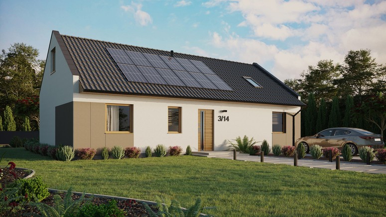 Projekt ERDOL 3 XL - Wersja prawa (salon po prawej stronie) - Dwuspadowy nowoczesny z poddaszem użytkowym – kąt nachylenia 35 stopni - Okno dachowe pokojowe i łazienkowe - Okna standardowe - Styropian, siatka i klej - Winchester - Instalacja fotowoltaiczna 4,8 kWp (12 paneli)