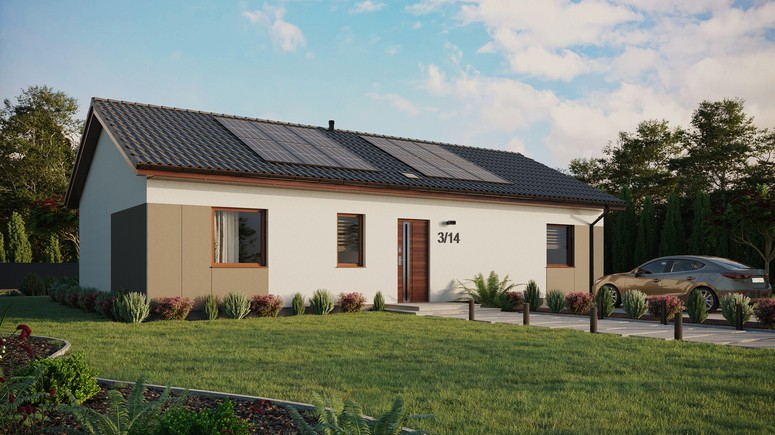 Projekt ERDOL 3 XL - Wersja prawa (salon po prawej stronie) - Dwuspadowy bez poddasza użytkowego – kąt nachylenia 25 stopni - Świetlik dachowy - Okna standardowe - Styropian, siatka i klej - Orzech - Instalacja fotowoltaiczna 4,8 kWp (12 paneli)