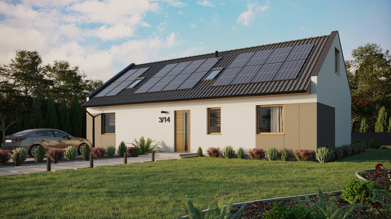 Projekt ERDOL 3 XL - Wersja lewa (salon po lewej stronie) - Dwuspadowy nowoczesny z poddaszem użytkowym – kąt nachylenia 35 stopni - Dwa okna dachowe pokojowe - Okna standardowe - Styropian, siatka i klej - Winchester - Instalacja fotowoltaiczna 8,0 kWp (20 paneli)