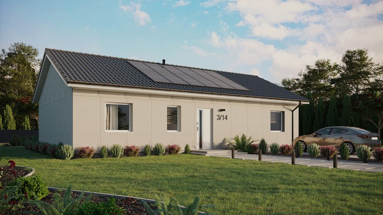 Projekt ERDOL 3 XL - Wersja prawa (salon po prawej stronie) - Dwuspadowy bez poddasza użytkowego – kąt nachylenia 25 stopni - Bez okien/świetlików dachowych - Okna standardowe - Bez styropianu, siatki i kleju - Biały - Instalacja fotowoltaiczna 4,8 kWp (12 paneli)