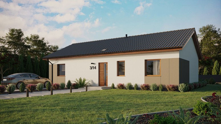 Projekt ERDOL 3 XL - Wersja lewa (salon po lewej stronie) - Dwuspadowy bez poddasza użytkowego – kąt nachylenia 25 stopni - Świetlik dachowy - Okna standardowe - Styropian, siatka i klej - Złoty dąb - Bez instalacji fotowoltaicznej