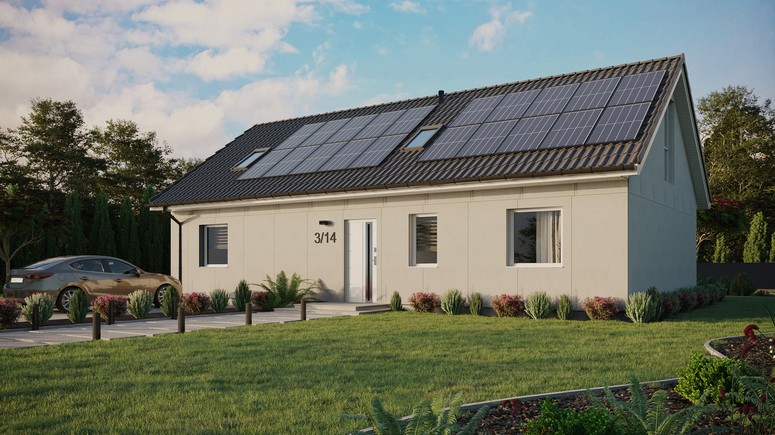 Projekt ERDOL 3 XL - Wersja lewa (salon po lewej stronie) - Dwuspadowy z poddaszem użytkowym – kąt nachylenia 35 stopni - Dwa okna dachowe pokojowe i okno dachowe łazienkowe - Okno balkonowe w jadalni i okna na poddaszu do podłogi - Bez styropianu, siatki i kleju - Biały - Instalacja fotowoltaiczna 8,0 kWp (20 paneli)