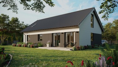 Projekt ERDOL 3 XL - Wersja lewa (salon po lewej stronie) - Dwuspadowy z poddaszem użytkowym – kąt nachylenia 35 stopni - Okno dachowe pokojowe i łazienkowe - Okna na poddaszu do podłogi - Styropian, siatka i klej - Antracyt - Bez instalacji fotowoltaicznej