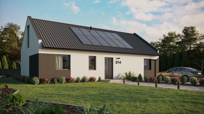 Projekt ERDOL 3 XL - Wersja prawa (salon po prawej stronie) - Dwuspadowy nowoczesny z poddaszem użytkowym – kąt nachylenia 35 stopni - Bez okien/świetlików dachowych - Okno balkonowe w jadalni i okna na poddaszu do podłogi - Styropian, siatka i klej - Antracyt - Instalacja fotowoltaiczna 4,8 kWp (12 paneli)