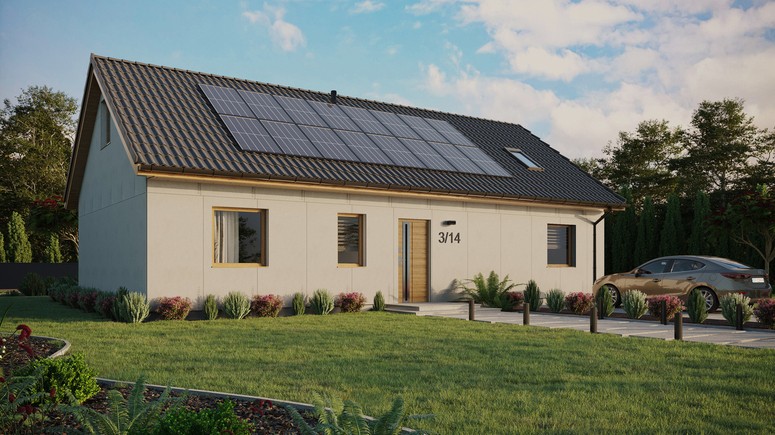 Projekt ERDOL 3 XL - Wersja prawa (salon po prawej stronie) - Dwuspadowy z poddaszem użytkowym – kąt nachylenia 35 stopni - Okno dachowe pokojowe i łazienkowe - Okna standardowe - Bez styropianu, siatki i kleju - Winchester - Instalacja fotowoltaiczna 6,4 kWp (16 paneli)