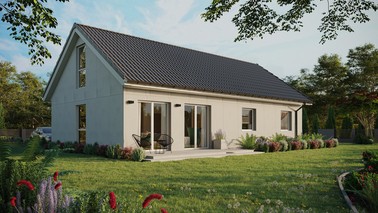 Projekt ERDOL 3 XL - Wersja prawa (salon po prawej stronie) - Dwuspadowy z poddaszem użytkowym – kąt nachylenia 35 stopni - Bez okien/świetlików dachowych - Okno balkonowe w jadalni i okna na poddaszu do podłogi - Bez styropianu, siatki i kleju - Biały - Bez instalacji fotowoltaicznej