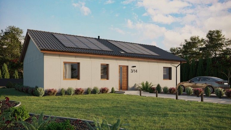 Projekt ERDOL 3 XL - Wersja prawa (salon po prawej stronie) - Dwuspadowy bez poddasza użytkowego – kąt nachylenia 25 stopni - Świetlik dachowy - Okna standardowe - Bez styropianu, siatki i kleju - Złoty dąb - Instalacja fotowoltaiczna 6,4 kWp (16 paneli)