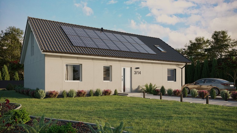 Projekt ERDOL 3 XL - Wersja prawa (salon po prawej stronie) - Dwuspadowy z poddaszem użytkowym – kąt nachylenia 35 stopni - Okno dachowe pokojowe i łazienkowe - Okno balkonowe w jadalni i okna na poddaszu do podłogi - Bez styropianu, siatki i kleju - Biały - Instalacja fotowoltaiczna 6,4 kWp (16 paneli)