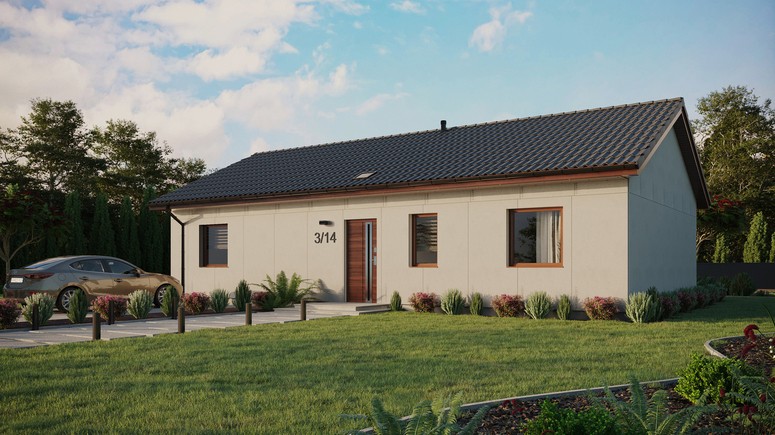 Projekt ERDOL 3 XL - Wersja lewa (salon po lewej stronie) - Dwuspadowy bez poddasza użytkowego – kąt nachylenia 25 stopni - Świetlik dachowy - Okna standardowe - Bez styropianu, siatki i kleju - Orzech - Bez instalacji fotowoltaicznej