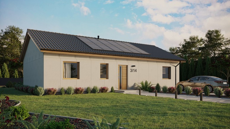 Projekt ERDOL 3 XL - Wersja prawa (salon po prawej stronie) - Dwuspadowy bez poddasza użytkowego – kąt nachylenia 25 stopni - Bez okien/świetlików dachowych - Okna standardowe - Bez styropianu, siatki i kleju - Winchester - Instalacja fotowoltaiczna 4,8 kWp (12 paneli)