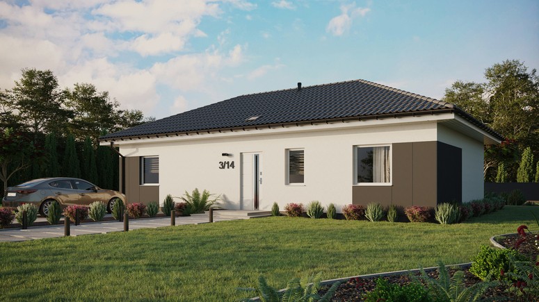 Projekt ERDOL 3 XL - Wersja lewa (salon po lewej stronie) - Czterospadowy bez poddasza użytkowego – kąt nachylenia 25 stopni - Świetlik dachowy - Okna standardowe - Styropian, siatka i klej - Biały