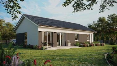 Projekt ERDOL 3 XL - Wersja prawa (salon po prawej stronie) - Dwuspadowy bez poddasza użytkowego – kąt nachylenia 25 stopni - Bez okien/świetlików dachowych - Okno balkonowe w jadalni - Styropian, siatka i klej - Biały - Bez instalacji fotowoltaicznej