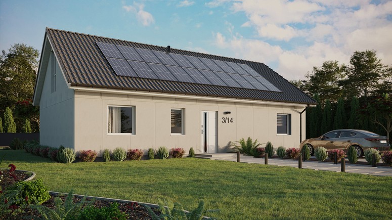 Projekt ERDOL 3 XL - Wersja prawa (salon po prawej stronie) - Dwuspadowy z poddaszem użytkowym – kąt nachylenia 35 stopni - Bez okien/świetlików dachowych - Okno balkonowe w jadalni i okna na poddaszu do podłogi - Bez styropianu, siatki i kleju - Biały - Instalacja fotowoltaiczna 8,0 kWp (20 paneli)