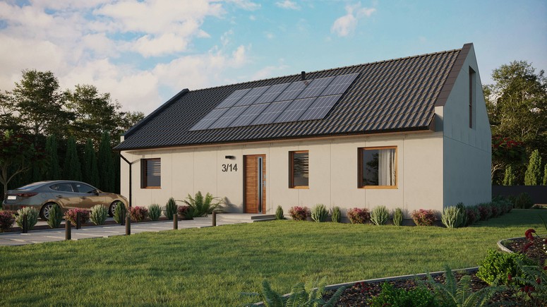 Projekt ERDOL 3 XL - Wersja lewa (salon po lewej stronie) - Dwuspadowy nowoczesny z poddaszem użytkowym – kąt nachylenia 35 stopni - Bez okien/świetlików dachowych - Okna na poddaszu do podłogi - Bez styropianu, siatki i kleju - Złoty dąb - Instalacja fotowoltaiczna 4,8 kWp (12 paneli)