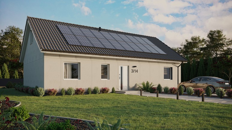Projekt ERDOL 3 XL - Wersja prawa (salon po prawej stronie) - Dwuspadowy z poddaszem użytkowym – kąt nachylenia 35 stopni - Bez okien/świetlików dachowych - Okna standardowe - Bez styropianu, siatki i kleju - Biały - Instalacja fotowoltaiczna 8,0 kWp (20 paneli)