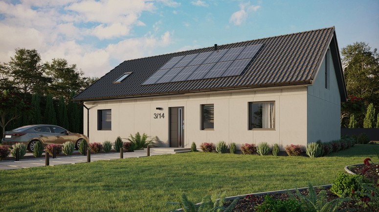 Projekt ERDOL 3 XL - Wersja lewa (salon po lewej stronie) - Dwuspadowy z poddaszem użytkowym – kąt nachylenia 35 stopni - Okno dachowe pokojowe i łazienkowe - Okna na poddaszu do podłogi - Bez styropianu, siatki i kleju - Antracyt - Instalacja fotowoltaiczna 4,8 kWp (12 paneli)
