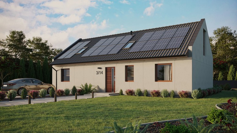 Projekt ERDOL 3 XL - Wersja lewa (salon po lewej stronie) - Dwuspadowy nowoczesny z poddaszem użytkowym – kąt nachylenia 35 stopni - Dwa okna dachowe pokojowe - Okno balkonowe w jadalni i okna na poddaszu do podłogi - Bez styropianu, siatki i kleju - Orzech - Instalacja fotowoltaiczna 8,0 kWp (20 paneli)