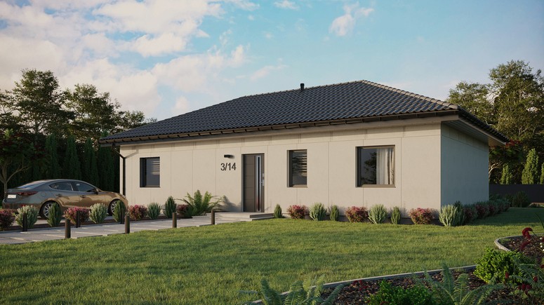 Projekt ERDOL 3 XL - Wersja lewa (salon po lewej stronie) - Czterospadowy bez poddasza użytkowego – kąt nachylenia 25 stopni - Bez okien/świetlików dachowych - Okna standardowe - Bez styropianu, siatki i kleju - Antracyt