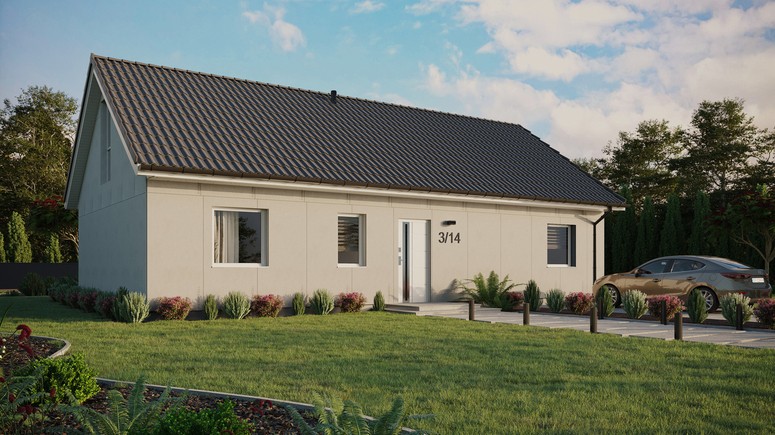 Projekt ERDOL 3 XL - Wersja prawa (salon po prawej stronie) - Dwuspadowy z poddaszem użytkowym – kąt nachylenia 35 stopni - Bez okien/świetlików dachowych - Okna na poddaszu do podłogi - Bez styropianu, siatki i kleju - Biały - Bez instalacji fotowoltaicznej