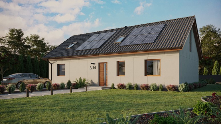 Projekt ERDOL 3 XL - Wersja lewa (salon po lewej stronie) - Dwuspadowy z poddaszem użytkowym – kąt nachylenia 35 stopni - Dwa okna dachowe pokojowe i okno dachowe łazienkowe - Okna na poddaszu do podłogi - Bez styropianu, siatki i kleju - Złoty dąb - Instalacja fotowoltaiczna 4,8 kWp (12 paneli)