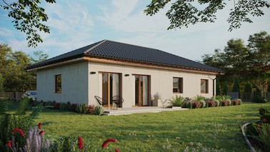 Projekt ERDOL 3 XL - Wersja prawa (salon po prawej stronie) - Czterospadowy bez poddasza użytkowego – kąt nachylenia 25 stopni - Bez okien/świetlików dachowych - Okna standardowe - Bez styropianu, siatki i kleju - Złoty dąb