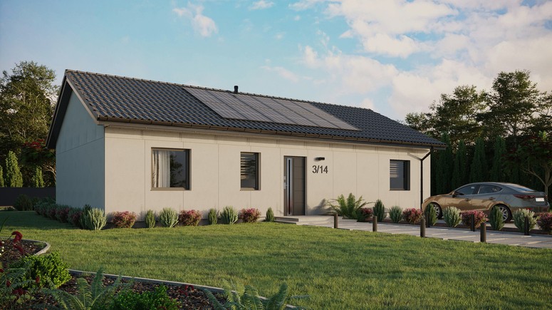 Projekt ERDOL 3 XL - Wersja prawa (salon po prawej stronie) - Dwuspadowy bez poddasza użytkowego – kąt nachylenia 25 stopni - Bez okien/świetlików dachowych - Okna standardowe - Bez styropianu, siatki i kleju - Antracyt - Instalacja fotowoltaiczna 4,8 kWp (12 paneli)