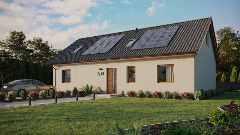 Projekt ERDOL 3 XL - Wersja lewa (salon po lewej stronie) - Dwuspadowy z poddaszem użytkowym – kąt nachylenia 35 stopni - Dwa okna dachowe pokojowe - Okna standardowe - Bez styropianu, siatki i kleju - Złoty dąb - Instalacja fotowoltaiczna 4,8 kWp (12 paneli)