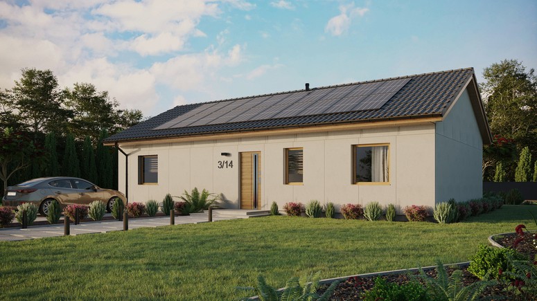 Projekt ERDOL 3 XL - Wersja lewa (salon po lewej stronie) - Dwuspadowy bez poddasza użytkowego – kąt nachylenia 25 stopni - Bez okien/świetlików dachowych - Okno balkonowe w jadalni - Bez styropianu, siatki i kleju - Winchester - Instalacja fotowoltaiczna 8,0 kWp (20 paneli)