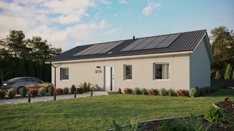 Projekt ERDOL 3 XL - Wersja lewa (salon po lewej stronie) - Dwuspadowy bez poddasza użytkowego – kąt nachylenia 25 stopni - Świetlik dachowy - Okna standardowe - Bez styropianu, siatki i kleju - Biały - Instalacja fotowoltaiczna 6,4 kWp (16 paneli)