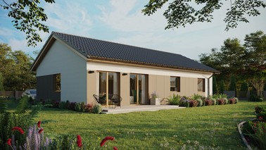 Projekt ERDOL 3 XL - Wersja prawa (salon po prawej stronie) - Dwuspadowy bez poddasza użytkowego – kąt nachylenia 25 stopni - Bez okien/świetlików dachowych - Okna standardowe - Styropian, siatka i klej - Winchester - Bez instalacji fotowoltaicznej