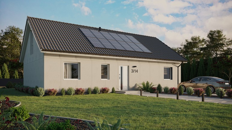 Projekt ERDOL 3 XL - Wersja prawa (salon po prawej stronie) - Dwuspadowy z poddaszem użytkowym – kąt nachylenia 35 stopni - Bez okien/świetlików dachowych - Okna na poddaszu do podłogi - Bez styropianu, siatki i kleju - Biały - Instalacja fotowoltaiczna 4,8 kWp (12 paneli)