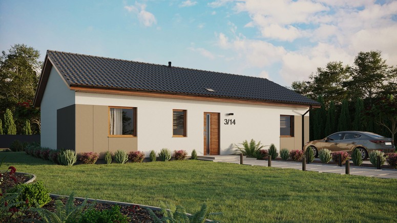 Projekt ERDOL 3 XL - Wersja prawa (salon po prawej stronie) - Dwuspadowy bez poddasza użytkowego – kąt nachylenia 25 stopni - Świetlik dachowy - Okno balkonowe w jadalni - Styropian, siatka i klej - Złoty dąb - Bez instalacji fotowoltaicznej