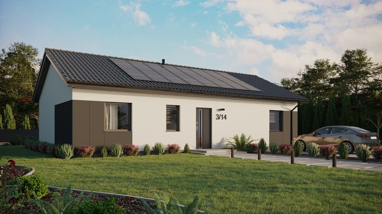 Projekt ERDOL 3 XL - Wersja prawa (salon po prawej stronie) - Dwuspadowy bez poddasza użytkowego – kąt nachylenia 25 stopni - Bez okien/świetlików dachowych - Okna standardowe - Styropian, siatka i klej - Antracyt - Instalacja fotowoltaiczna 6,4 kWp (16 paneli)