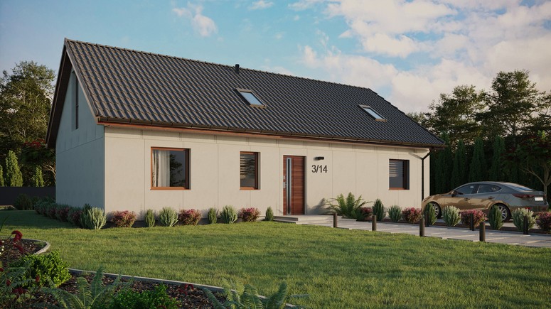 Projekt ERDOL 3 XL - Wersja prawa (salon po prawej stronie) - Dwuspadowy z poddaszem użytkowym – kąt nachylenia 35 stopni - Dwa okna dachowe pokojowe - Okna na poddaszu do podłogi - Bez styropianu, siatki i kleju - Orzech - Bez instalacji fotowoltaicznej