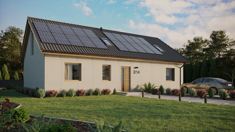 Projekt ERDOL 3 XL - Wersja prawa (salon po prawej stronie) - Dwuspadowy z poddaszem użytkowym – kąt nachylenia 35 stopni - Dwa okna dachowe pokojowe - Okno balkonowe w jadalni i okna na poddaszu do podłogi - Bez styropianu, siatki i kleju - Winchester - Instalacja fotowoltaiczna 8,0 kWp (20 paneli)
