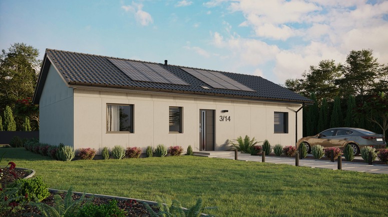 Projekt ERDOL 3 XL - Wersja prawa (salon po prawej stronie) - Dwuspadowy bez poddasza użytkowego – kąt nachylenia 25 stopni - Świetlik dachowy - Okna standardowe - Bez styropianu, siatki i kleju - Antracyt - Instalacja fotowoltaiczna 4,8 kWp (12 paneli)