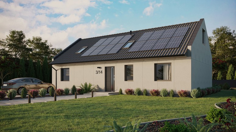 Projekt ERDOL 3 XL - Wersja lewa (salon po lewej stronie) - Dwuspadowy nowoczesny z poddaszem użytkowym – kąt nachylenia 35 stopni - Dwa okna dachowe pokojowe - Okna standardowe - Bez styropianu, siatki i kleju - Antracyt - Instalacja fotowoltaiczna 6,4 kWp (16 paneli)