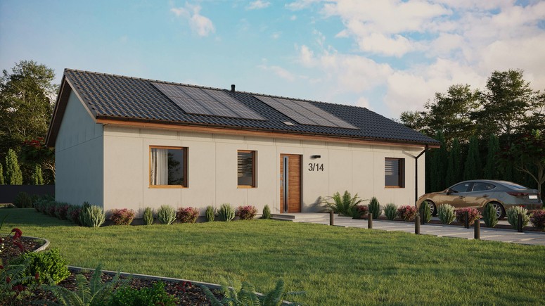 Projekt ERDOL 3 XL - Wersja prawa (salon po prawej stronie) - Dwuspadowy bez poddasza użytkowego – kąt nachylenia 25 stopni - Świetlik dachowy - Okna standardowe - Bez styropianu, siatki i kleju - Złoty dąb - Instalacja fotowoltaiczna 4,8 kWp (12 paneli)