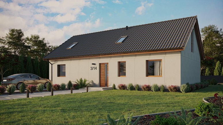 Projekt ERDOL 3 XL - Wersja lewa (salon po lewej stronie) - Dwuspadowy z poddaszem użytkowym – kąt nachylenia 35 stopni - Dwa okna dachowe pokojowe i okno dachowe łazienkowe - Okno balkonowe w jadalni i okna na poddaszu do podłogi - Bez styropianu, siatki i kleju - Złoty dąb - Bez instalacji fotowoltaicznej