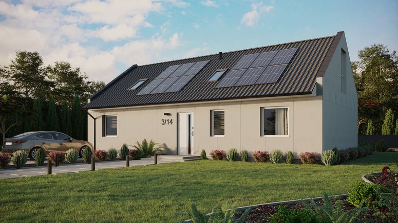 Projekt ERDOL 3 XL - Wersja lewa (salon po lewej stronie) - Dwuspadowy nowoczesny z poddaszem użytkowym – kąt nachylenia 35 stopni - Dwa okna dachowe pokojowe - Okna na poddaszu do podłogi - Bez styropianu, siatki i kleju - Biały - Instalacja fotowoltaiczna 4,8 kWp (12 paneli)