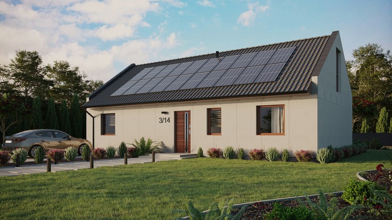 Projekt ERDOL 3 XL - Wersja lewa (salon po lewej stronie) - Dwuspadowy nowoczesny z poddaszem użytkowym – kąt nachylenia 35 stopni - Bez okien/świetlików dachowych - Okna na poddaszu do podłogi - Bez styropianu, siatki i kleju - Orzech - Instalacja fotowoltaiczna 8,0 kWp (20 paneli)