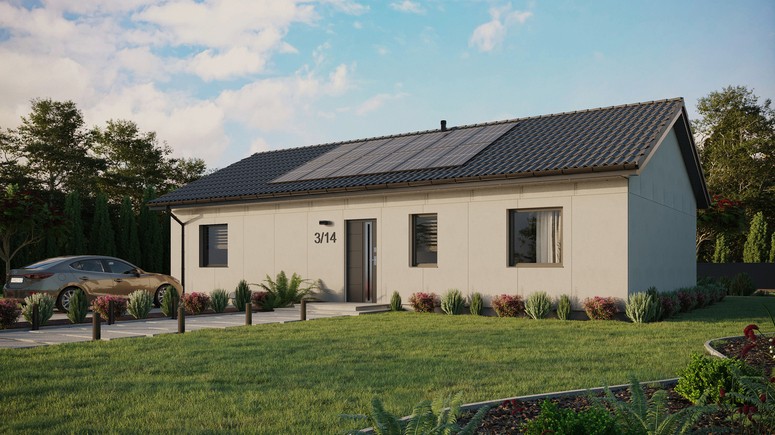 Projekt ERDOL 3 XL - Wersja lewa (salon po lewej stronie) - Dwuspadowy bez poddasza użytkowego – kąt nachylenia 25 stopni - Bez okien/świetlików dachowych - Okna standardowe - Bez styropianu, siatki i kleju - Antracyt - Instalacja fotowoltaiczna 4,8 kWp (12 paneli)