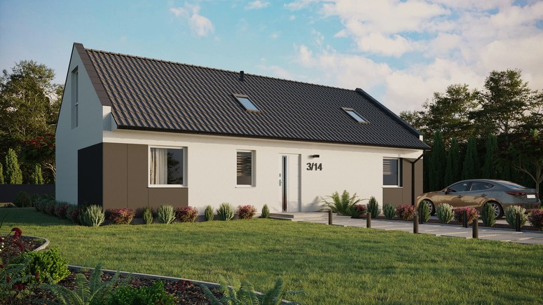 Projekt ERDOL 3 XL - Wersja prawa (salon po prawej stronie) - Dwuspadowy nowoczesny z poddaszem użytkowym – kąt nachylenia 35 stopni - Dwa okna dachowe pokojowe - Okno balkonowe w jadalni i okna na poddaszu do podłogi - Styropian, siatka i klej - Biały - Bez instalacji fotowoltaicznej