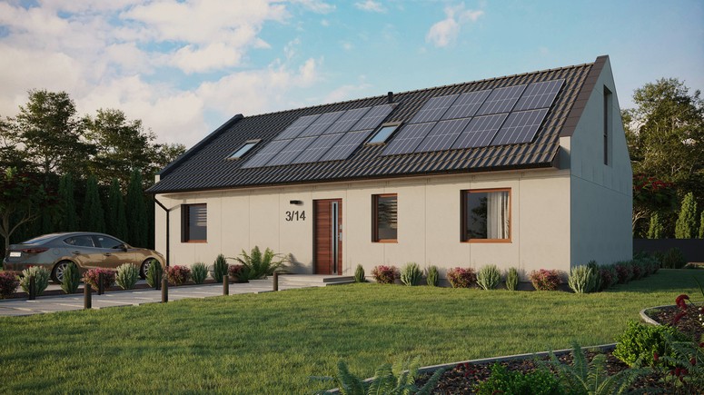 Projekt ERDOL 3 XL - Wersja lewa (salon po lewej stronie) - Dwuspadowy nowoczesny z poddaszem użytkowym – kąt nachylenia 35 stopni - Dwa okna dachowe pokojowe - Okna na poddaszu do podłogi - Bez styropianu, siatki i kleju - Orzech - Instalacja fotowoltaiczna 6,4 kWp (16 paneli)