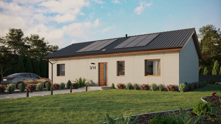 Projekt ERDOL 3 XL - Wersja lewa (salon po lewej stronie) - Dwuspadowy bez poddasza użytkowego – kąt nachylenia 25 stopni - Świetlik dachowy - Okno balkonowe w jadalni - Bez styropianu, siatki i kleju - Złoty dąb - Instalacja fotowoltaiczna 4,8 kWp (12 paneli)