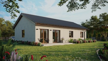 Projekt ERDOL 3 XL - Wersja prawa (salon po prawej stronie) - Dwuspadowy bez poddasza użytkowego – kąt nachylenia 25 stopni - Bez okien/świetlików dachowych - Okna standardowe - Bez styropianu, siatki i kleju - Orzech - Bez instalacji fotowoltaicznej