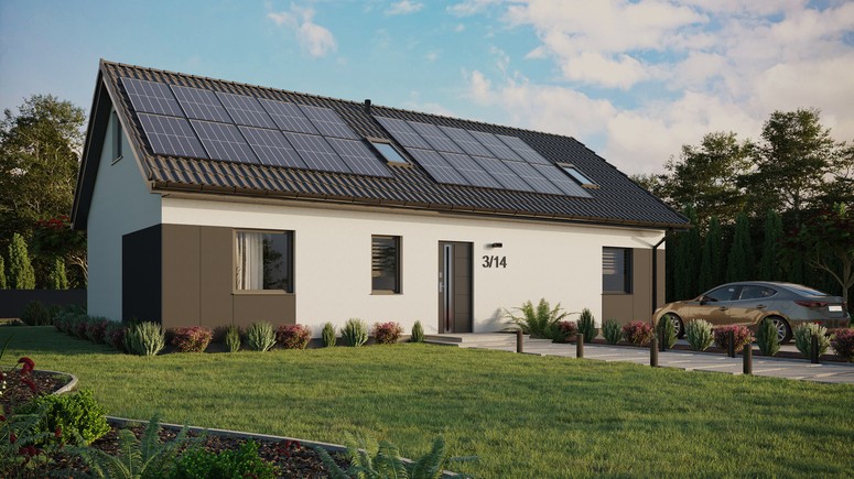Projekt ERDOL 3 XL - Wersja prawa (salon po prawej stronie) - Dwuspadowy z poddaszem użytkowym – kąt nachylenia 35 stopni - Dwa okna dachowe pokojowe - Okna standardowe - Styropian, siatka i klej - Antracyt - Instalacja fotowoltaiczna 8,0 kWp (20 paneli)
