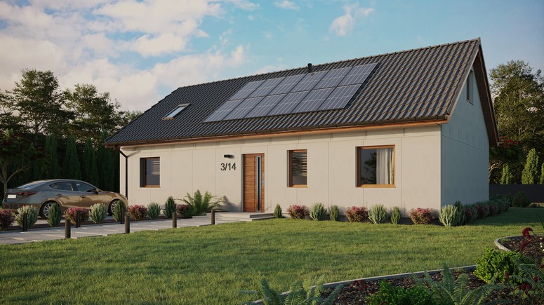 Projekt ERDOL 3 XL - Wersja lewa (salon po lewej stronie) - Dwuspadowy z poddaszem użytkowym – kąt nachylenia 35 stopni - Okno dachowe pokojowe i łazienkowe - Okna standardowe - Bez styropianu, siatki i kleju - Złoty dąb - Instalacja fotowoltaiczna 4,8 kWp (12 paneli)