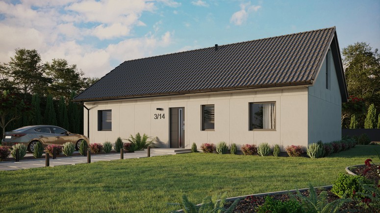 Projekt ERDOL 3 XL - Wersja lewa (salon po lewej stronie) - Dwuspadowy z poddaszem użytkowym – kąt nachylenia 35 stopni - Bez okien/świetlików dachowych - Okna na poddaszu do podłogi - Bez styropianu, siatki i kleju - Antracyt - Bez instalacji fotowoltaicznej